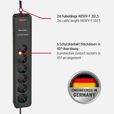 Вимикач Brennenstuhl Eco-Line Comfort, розетка на 6 розеток (розетка на 6 розеток з посиленим захистом від дотику, ножний вимикач