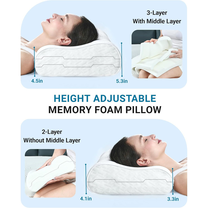 Подушка Elviros з піни з ефектом пам&39яті, регульована ергономічна подушка для полегшення болю в шиї, ортопедична подушка для підтримки шиї для сну на боці та на спині, знімний дихаючий чохол, білий