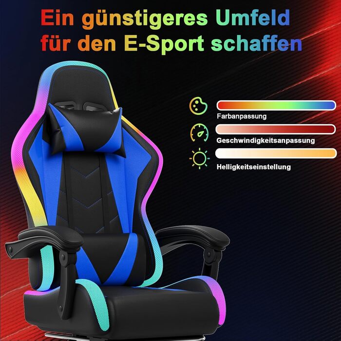 Ігрове крісло JUMMICO зі світлодіодним освітленням, круте гоночне ігрове крісло, ергономічне офісне крісло з функцією масажу, регульована спинка 90-135, з телескопічною підставкою для ніг, ігрове крісло вантажопідйомністю 150 кг, синє