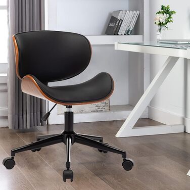 Дерев&39яне офісне крісло Mingone, комп&39ютерне крісло, ергономічне робоче крісло на 360, обертове крісло, дизайн крісла з крилами та колесами, регульована висота, шкіра, чорний колір, до 150 кг, чорні ніжки, стиль 1