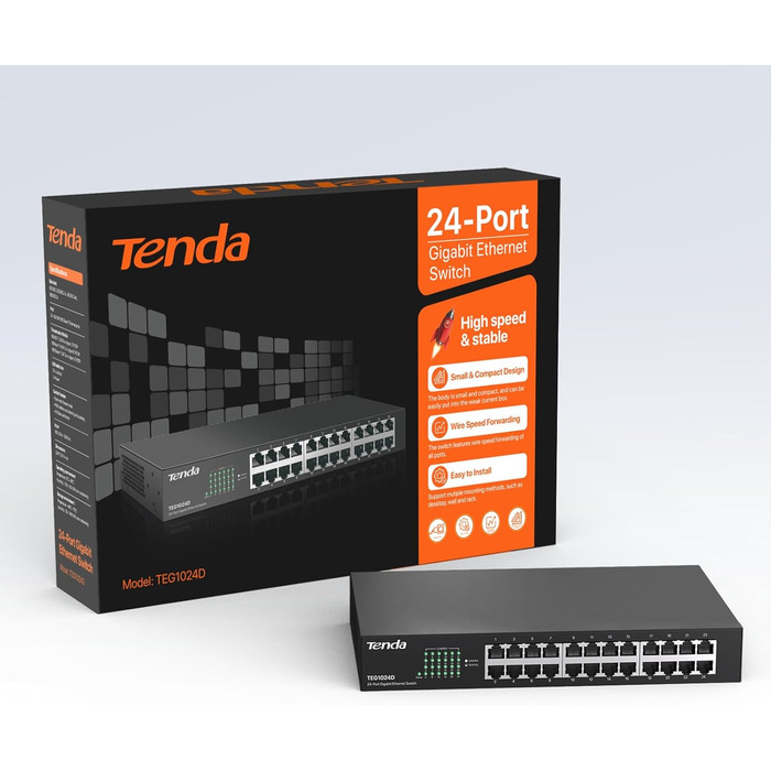 Портовий гігабітний мережевий комутатор 19-дюймовий стійковий LAN-комутатор (Plug-and-Play Ethernet-комутатор, безвентиляторний, стійковий/настінний, металевий корпус, чорний) (TEG1024D) 24 порти Стійковий, 24-