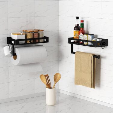 Підставка для спецій з тримачем для кухонних рулонів та гачками, настінна підставка для спецій (не потребує свердління), органайзер для спецій для кухні, чорний