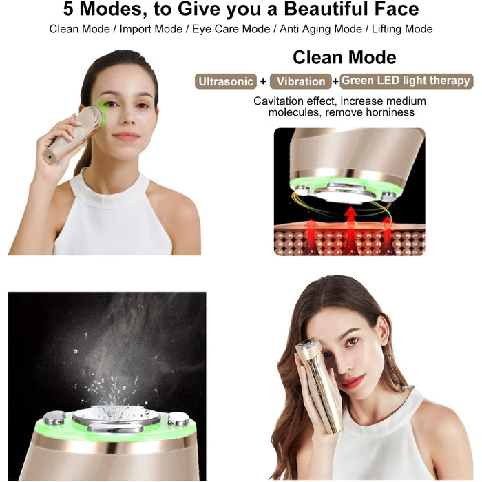Радіочастотний та ультразвуковий пристрій для обличчя, 5 в 1 масажер для обличчя для видалення зморшок RF EMS світлотерапія, для підтяжки обличчя масаж проти зморшок проти старіння, перезаряджається від USB