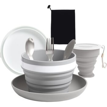 Складаний похідний набір посуду на 6 осіб з нержавіючої сталі (ніж, ложка, виделка), чашка, миска, тарілка та сітчастий мішок ідеально підходить для подорожей, кемпінгу, пікніків та активного відпочинку.