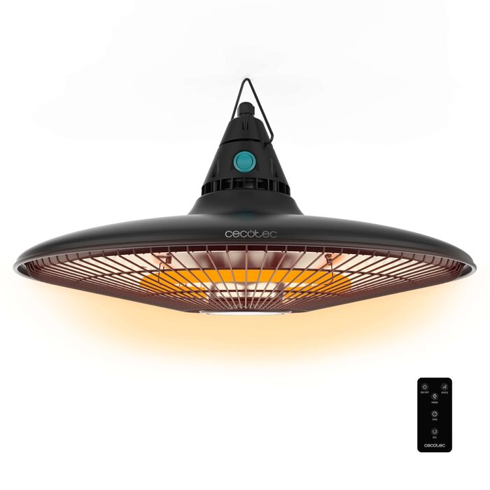 Електричний стельовий вентилятор-обігрівач для зовнішнього використання Cecotec ReadyWarm 1500 Power для стельового монтажу, 1500 Вт, галогенна технологія, ступінь захисту IP65, пульт дистанційного керування, площа покриття 10 м