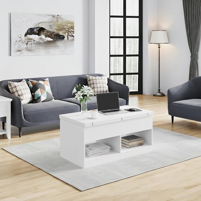 Журнальний столик, стіл для вітальні з регульованою висотою, журнальний столик з підйомною верхньою частиною, 2 відкритих відділення та приховане місце для зберігання, прямокутний бічний столик-диван, можна перетворити на обідній стіл, білий метал