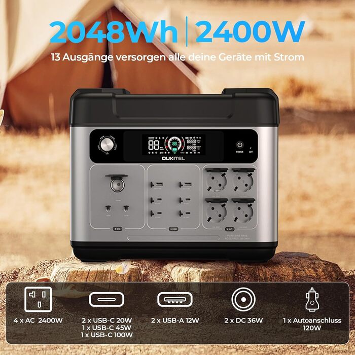 Портативна зарядна станція OUKITEL P2001 Plus 2048 Втгод, сонячний генератор з акумулятором LiFePO4, 4 x 2400 Вт (пік 4800 Вт) змінного струму, швидка зарядка 0-100 за 1 годину, зарядна станція для дому, подорожей, кемпінгу P2001PLUS