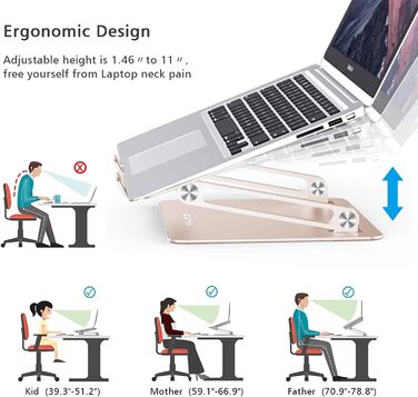 Підставка для ноутбука Konsol, складна, з регульованим кутом нахилу, легка та міцна з алюмінію, сумісна з ноутбуками до 17 дюймів (Золота)