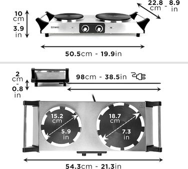 Варильна поверхня Duronic HP2 SS, Кемпінгова плита з 2 варильними поверхнями, Електрична варильна поверхня для кемпінгу, офісу або кухні, Подвійна варильна поверхня з плавним регулюванням температури, Подвійна варильна поверхня 2400 Вт Срібло