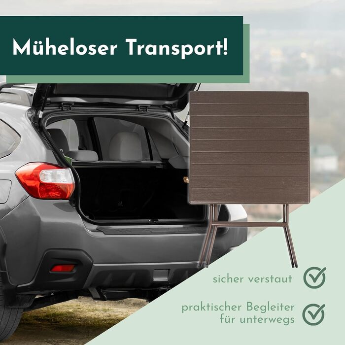 Розкладний стіл Lemodo з коричневою стільницею під дерево, балконний стіл 62 x 62 см (Д x Ш) Журнальний столик, вантажопідйомність до 40 кг, садовий стіл, міцний пластиковий стіл