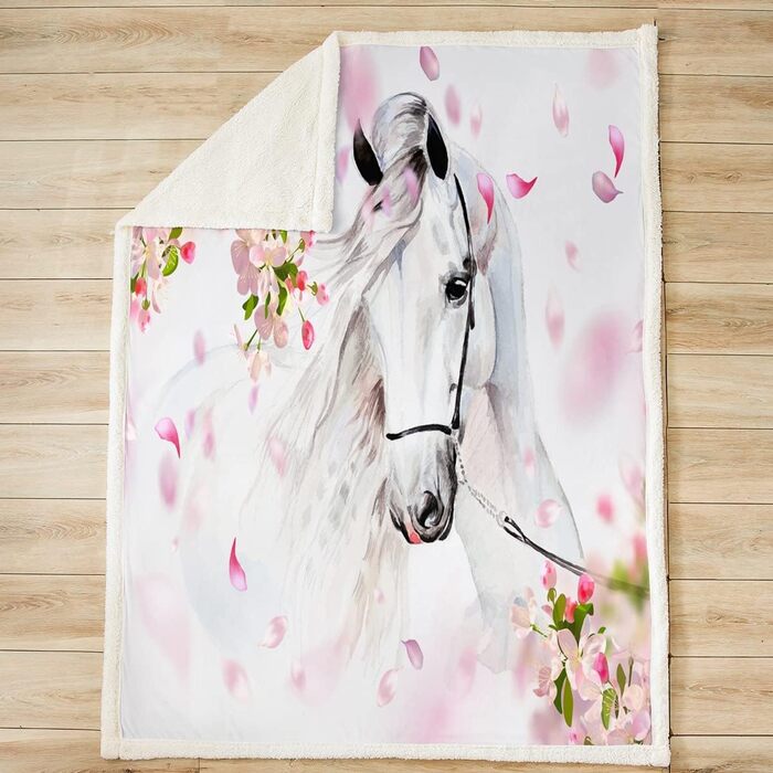 Флісова ковдра Tbrand White Horse з рожевими квітами, акварельний дизайн дикої природи, 130x150 см, для ліжка, дивана, кушетки, декору спальні, фланелева флісова ковдра з зображенням дикої природи