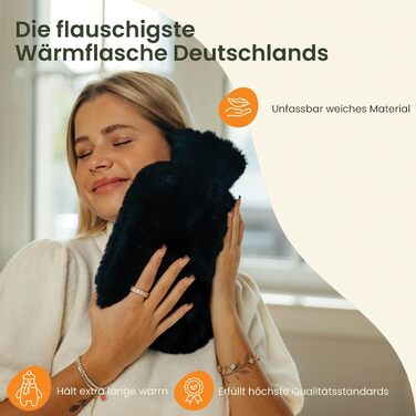 Пояс для грілки KUNU Original - Преміальна довга грілка з поясом - Пояс для нагрівання під час менструації 130 см - Плюшева грілка з кришкою - Пояс для грілки з подарунковою упаковкою, пухнастий чорний