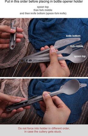 Набір титанових ножів, виделок, ложок та відкривачок для пляшок iBasingo, легкі столові прибори для використання на відкритому повітрі, набір столових приборів для кемпінгу, багаторазовий посуд, міцний, стійкий до іржі, портативний дорожній посуд Ti1066T