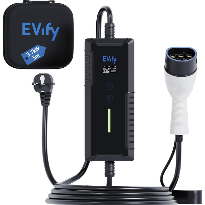 Зарядний кабель EVify тип 2 Schuko 3.7кВт 5М 16А для електромобілів та гібридів у комплекті з сумкою для кабелю - регульований стр