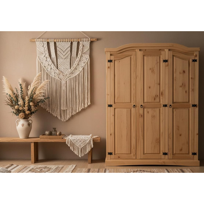 Шафа для спальні Dynamic24 3-дверна шафа New Mexico Ш152xВ193xГ54 см Масив сосни натурального кольору Комод Шафа Багатоцільова шафа Відкрита шафа Коричнева