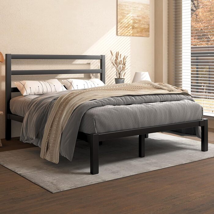 Ліжко 140200 см, металевий каркас ліжка з платформою, узголів&39ям та узніжжям, місце для зберігання речей під ліжком, рейкова основа не потрібна, легке складання, сучасне, чорне 140 x 200 см чорний