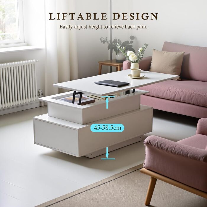 Журнальний столик з регульованою висотою, глянцевий стіл для вітальні зі світлодіодним підсвічуванням, відкритою полицею для демонстрації та 2 шухлядами, сучасний, 85 x 50 x 45 см, білий