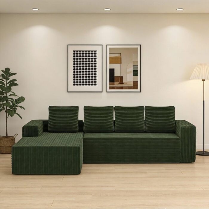 Кутовий диван, 4-місний диван, 3-місний диван, модульний компресійний диван з L-подібним шезлонгом, не потребує складання (плюс вельветова тканина) (зелений)