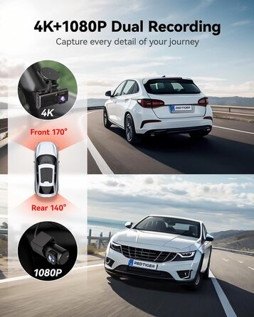 Відеореєстратор автомобільний передній задній, сенсорний екран 3.18 дюйма, голосове управління, вбудований 5.8 ГГц WiFi GPS, безко