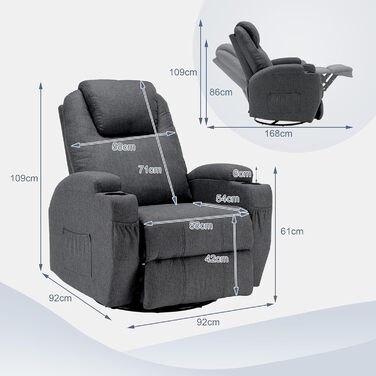 Крісло для телевізора, відкидне крісло, масажне крісло з функцією підігріву та вібрації, пульт дистанційного керування, поворот на 360, лляно-сірий колір