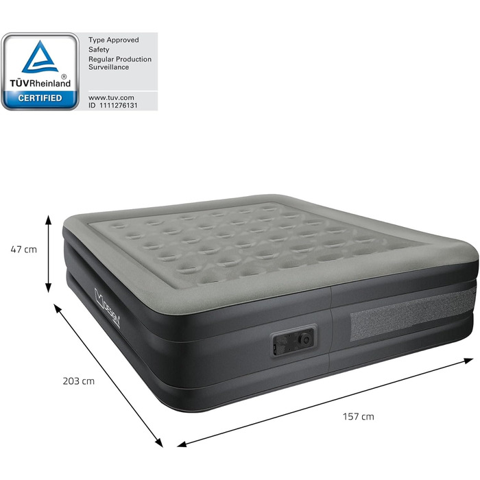 Надувний матрац ML-Design для 2 осіб 203x157x47 см сірого кольору, сертифікований TV, самонадувальний надувний матрац з електричним повітряним насосом 230 В, надувний матрац для кемпінгу, гостьове ліжко, двоспальне ліжко сумка для перенесення, сірий