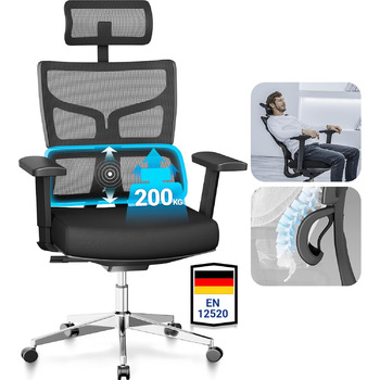 Офісний стілець 200 кг, 3-етапний механізм блокування, ергономічний офісний стілець XXL, ширший та більший, для зросту 160-202 см, широкі 3D підлокітники, динамічна поперекова підтримка, стілець з пінопласту XXL (щільність 40)