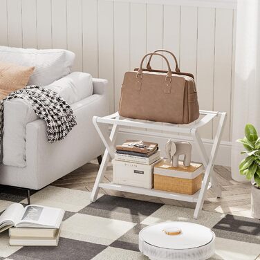 Багажник, складний бамбуковий багажник з полицею для гостьових кімнат, спалень, готелів, шаф (білий)