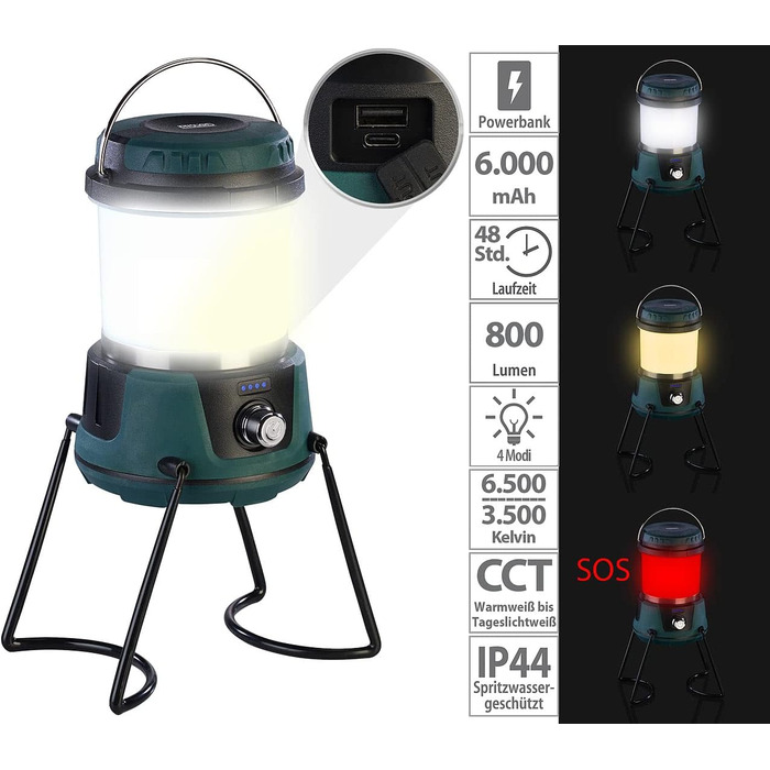 Ліхтар для кемпінгу з зарядним пристроєм 3-в-1 акумуляторний світлодіодний кемпінговий ліхтар до 800 люменів, із зарядним пристроєм, CCT (світлодіодний кемпінговий ліхтар із акумуляторною батареєю для кемпінгу, настільна лампа з батареєю)
