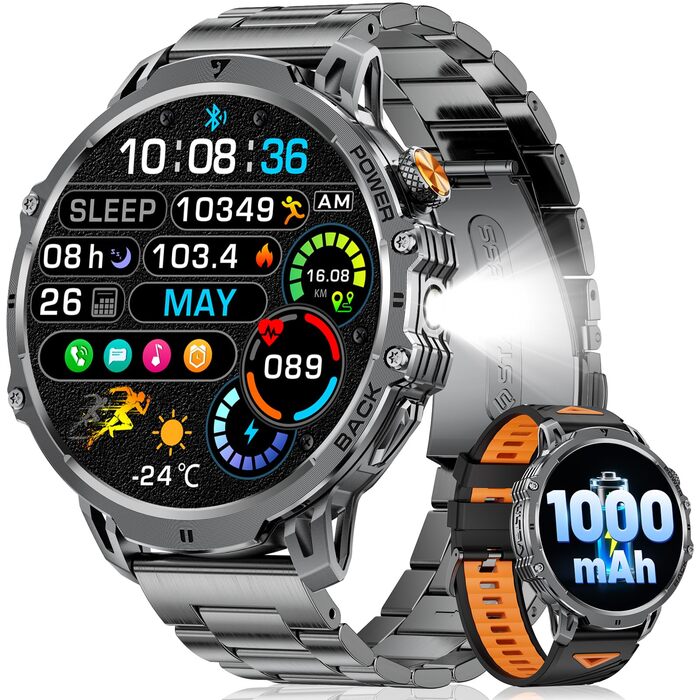 Розумний годинник LIGE Military для чоловіків - 1000 мАг/1,85 дюйма HD великий сенсорний екран/світлодіодна підсвітка, фітнес-годинник з понад 110 спортивними режимами, відстеження серцевого ритму/сну, 2 браслети, спортивний годинник для iOS/Android, мато