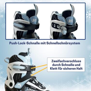 Найкращі спортивні ковзани для дітей, жінок та чоловіків Ковзани з регулюванням у 4 напрямках для дітей Ковзани Softboot - водонепроникні та теплоізолюючі з пряжкою Push-Lock, чорні/сині, розміри 30-33
