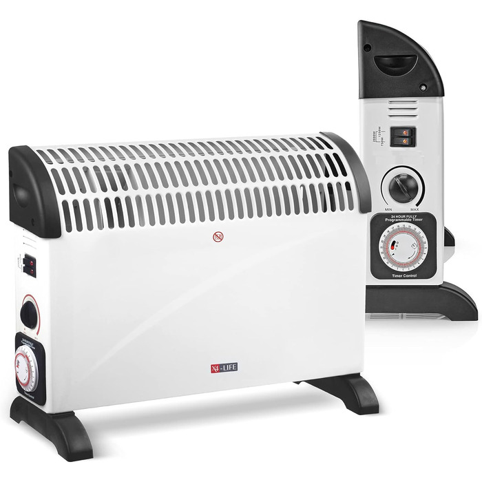 Конвектор X4-LIFE 2000 Вт з 24-годинним таймером, електричний обігрівач, економить витрати на електроенергію, захист від перегріву з індикатором, 3 режими нагріву від 750 Вт, обігріває площу до 25 м, портативний обігрівач з ручками для перенесення