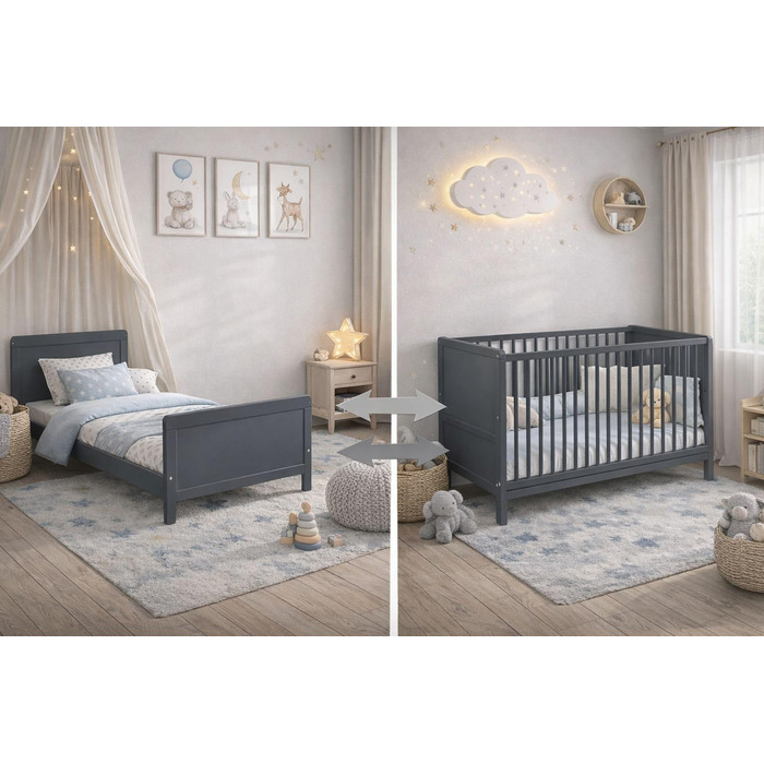 Дитяче ліжко Nelly 120x60 см Дитяче ліжко Сірий колір Бук Регульована висота у 2 напрямках 3 знімні перекладини Сертифіковано EN 716