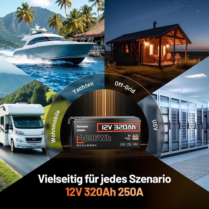 Літій-іонний акумулятор HumsiENK 12V 320Ah LiFePO4 з Bluetooth, 250A BMS, понад 15 000 циклів, захист IP65 та захист від низьких температур, енергія 4096 Втгод. Ідеально підходить для автофургонів. 12V 320Ah Bluetooth-250A