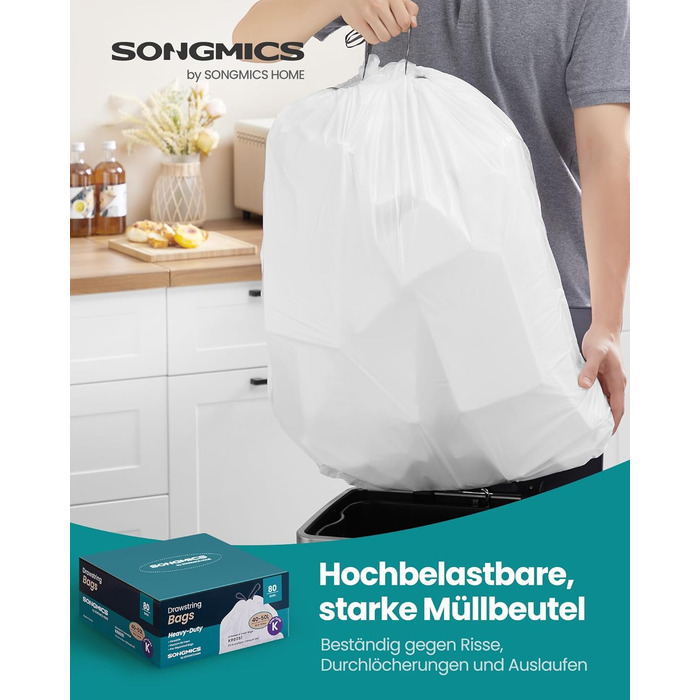 Сміттєві пакети SONGMICS 50 л, пакети зі шнурком, всього 80 шт. , код K, міцні, коробка швидкого доступу, кремово-білий колір KRB051A02 K (50 л) ука (80 шт. у упаковці)