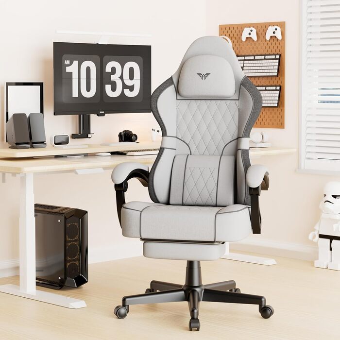 Ігрове крісло Soontrans з масажною поперековою опорою, м&39яке ігрове крісло, ергономічне ігрове крісло з підставкою для ніг, бавовна, регульована спинка 90-160, ігрове крісло (біле), суміш бавовни та льону, білий