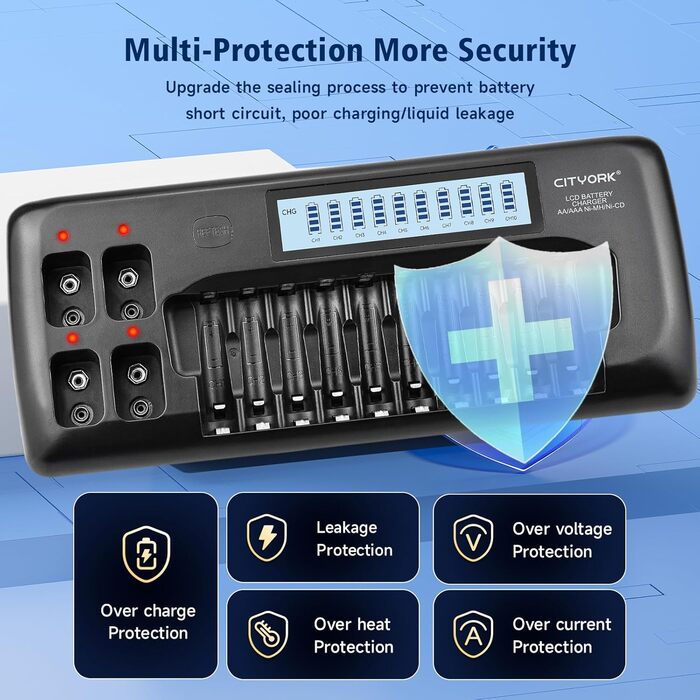 Зарядний пристрій CITYORK з 104 слотами та РК-дисплеєм для акумуляторних батарей 1,2 В AA/AAA Ni-MH та акумуляторних батарей 9 В Ni-MH/Li-ion з вбудованим захистом IC