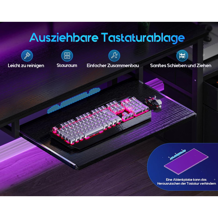 Ігровий стіл Coleshome зі світлодіодним освітленням, 140x48 см, стіл з тканинними шухлядами, комп&39ютерний стіл з 2 розетками та 2 USB-портами, ігровий стіл з підставкою для монітора для домашнього офісу, чорний 140x48 см, чорний