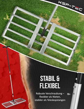 Гребінь для газону з нержавіючої сталі 75x35 см - професійний вирівнювач для газону з ручкою - для розрівнювання, підсипання піском та догляду - ергономічний інструмент для вирівнювання газону, що зберігає спину