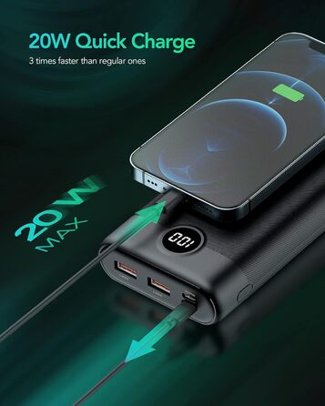 30000mAh, 20W Power Bank Large Capacity with 3 Outputs, USB C Input & Output External Cell Phone Batteries PD QC 3.0 Compatible with iPhone 16 15 14 13 12 11 Plus Pro Max iPad Samsung Tablet, 30000mAh, 20W Power Bank Large Capacity with 3 Outputs, USB C I