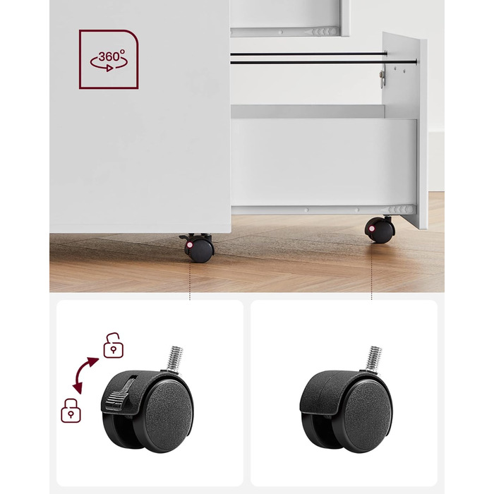 Мобільна шафа для документів VASAGLE із замком, 2 шухлядами, 5 коліщатками, регульованими підвісними рейками, для підвісних файлів формату A4 та Letter, хмарно-білий LCD22WV1