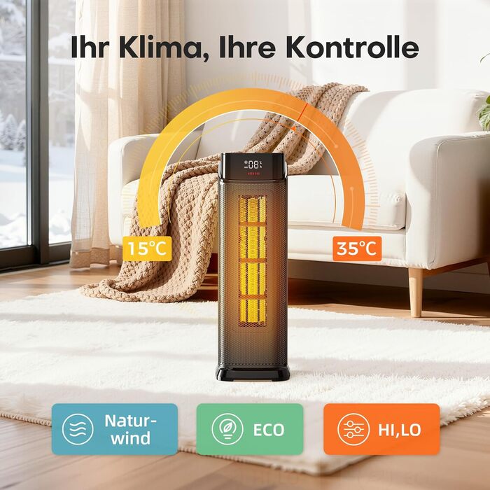 Тепловентиляторний обігрівач PTC потужністю 2000 Вт, енергозберігаючий з 4 режимами, режим енергозбереження ECO, коливання на 90, таймер 24 години, пульт дистанційного керування, тихий та потужний, захист від перегріву та перекидання для домашнього викори