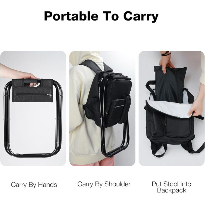 Компактний кемпінговий стілець зі знімною сумкою-холодильником об&39ємом 15 л, легке сидіння-рюкзак зі складною рамою, міцний складаний стілець для риболовлі, пікніків, трекінгу, полювання, походів, чорний