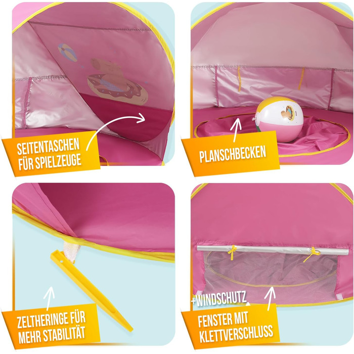 Розкладний пляжний намет Портативний пляжний намет із захистом від ультрафіолету та вітру Пляжний м&39яч, вбудована пісочниця, басейн Кишені для зберігання речей, вікно на блискавці для 2 осіб Рожевий