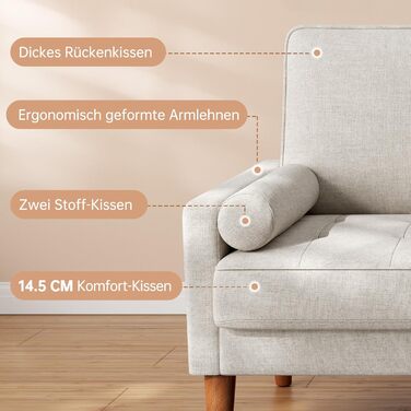 Місний диван Vesgantti, 121 см, сучасний попелясто-бежевий диван з 2 декоративними подушками, невеликий тканинний диван з підлокітниками, подушки сидіння на ґудзиках, гостьовий диван для вітальні/квартири/офісу, лляний попелясто-бежевий, 2-