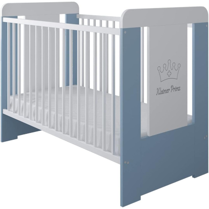 Дитяче ліжечко Kids Collective з матрацом та гравіюванням &quotМаленький принц&quot 60x120, регульована висота Знімні прути, білий колір для хлопчика, зроблено в Європі Від народження до 3 років, 60 x 120 см синій матрац