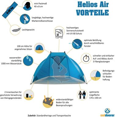 Пляжний намет для активного відпочинку Helios Air - туристичний пляжний намет із захистом від ультрафіолету 80 та вікном, що закривається, пляжний намет для подорожей (синій)