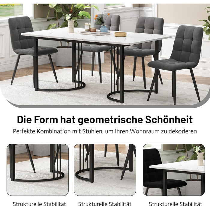 Обідній стіл Merax 140x80 см, прямокутний обідній стіл з мармуровим візерунком, для 4-6 осіб, металевий каркас, регульовані ніжки столу, підходить для ресторану, вітальні, кухні, холу, білий/чорний 03/білийчорний 140 x 80 см