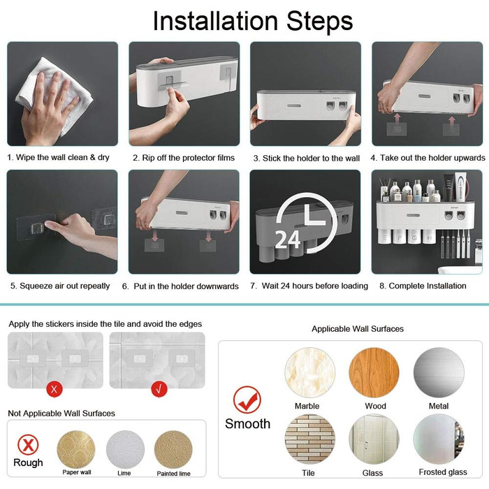 Настінний тримач для зубних щіток з подвійним автоматичним дозатором зубної пасти для дітей та дорослих, 6 слотів для щіток, 2 маг