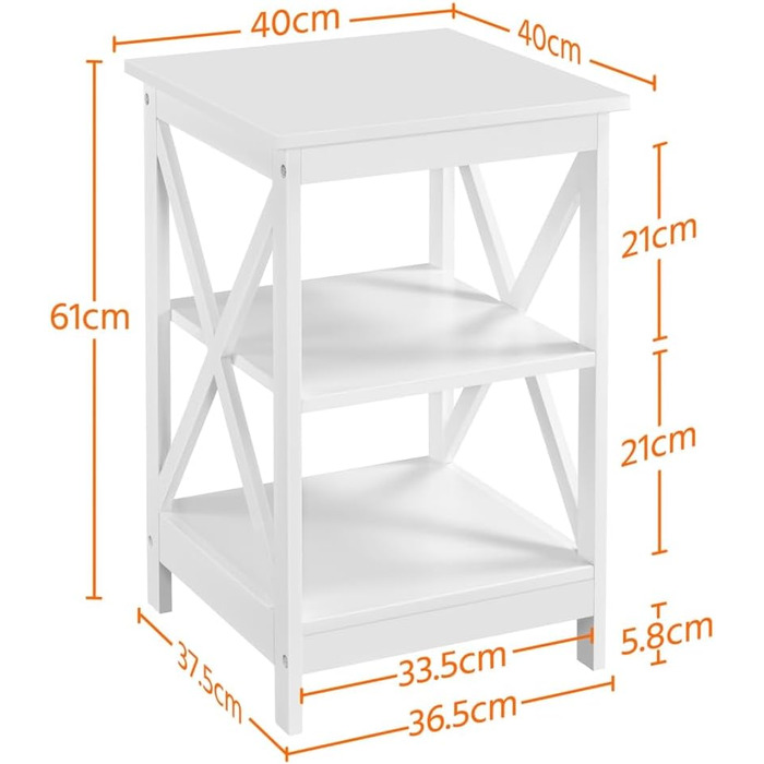 Приліжковий столик 3 яруси Приліжковий столик з Х-подібними ніжками Диванний столик Журнальний столик для спальні та вітальні, 40x40x61 см, Білий/Розкішний сад
