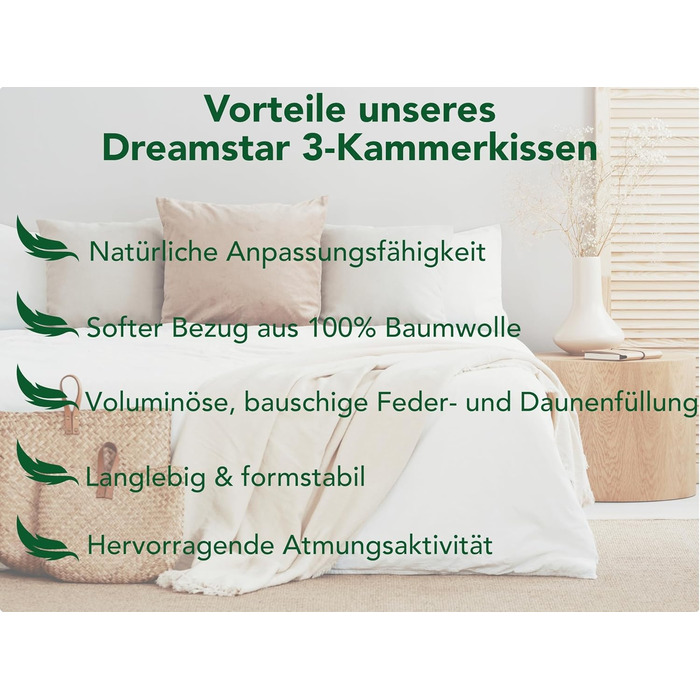 Пухова подушка DREAMSTAR 40 x 80 см 3-камерна пухова подушка Пухова та пір&39яна подушка 40 x 80 см Сертифікована подушка Oeko-Tex Найвища готельна якість Підходить для алергіків Бавовна 40 x 80 см